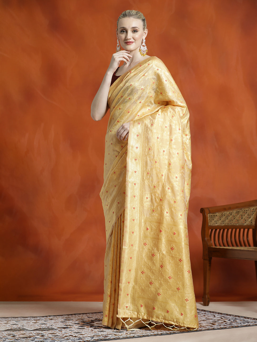 Beige Banarasi Zari Woven Silk Blend Saree