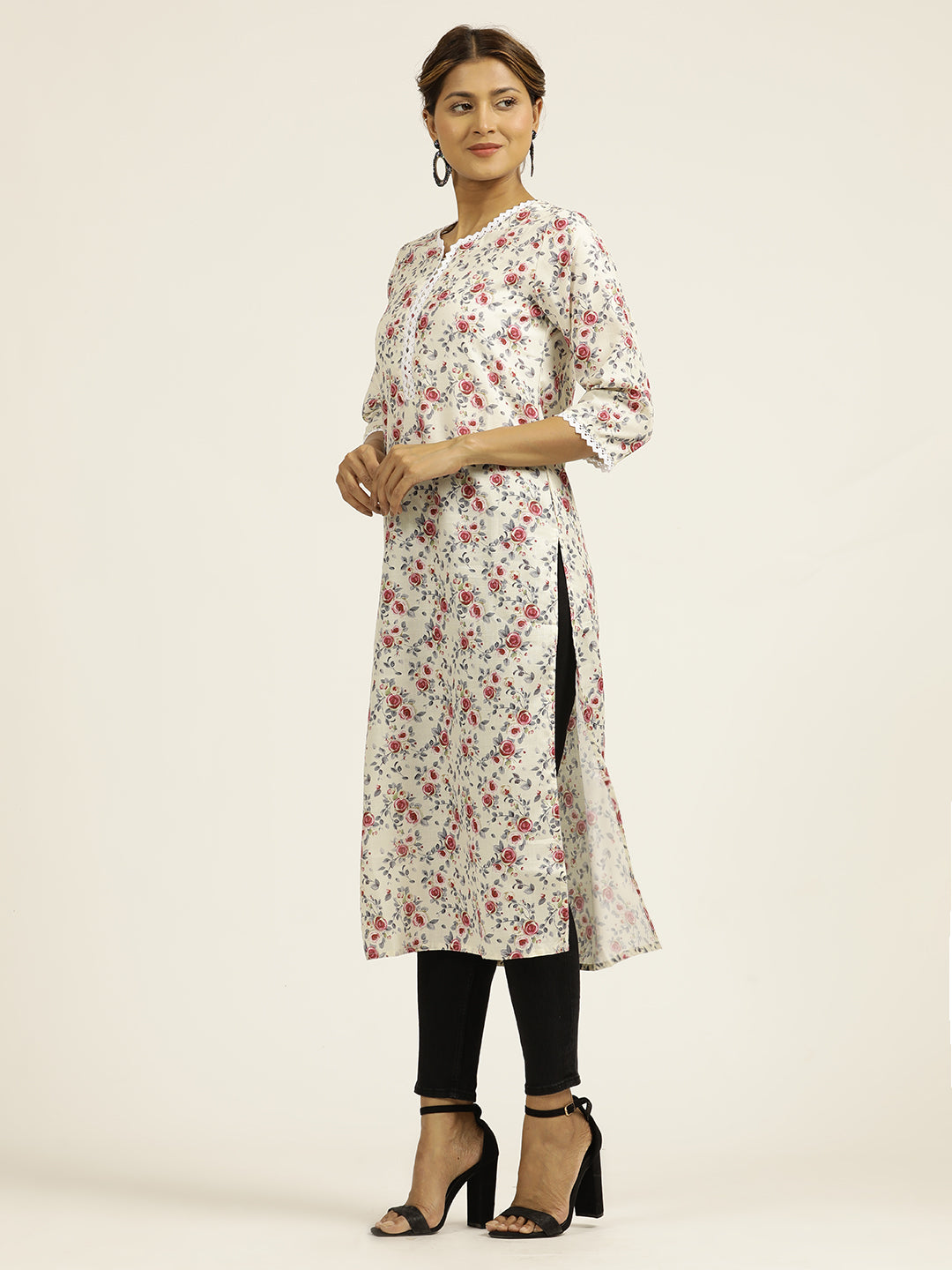 Light Yellow Floral Printed Straight Kurta