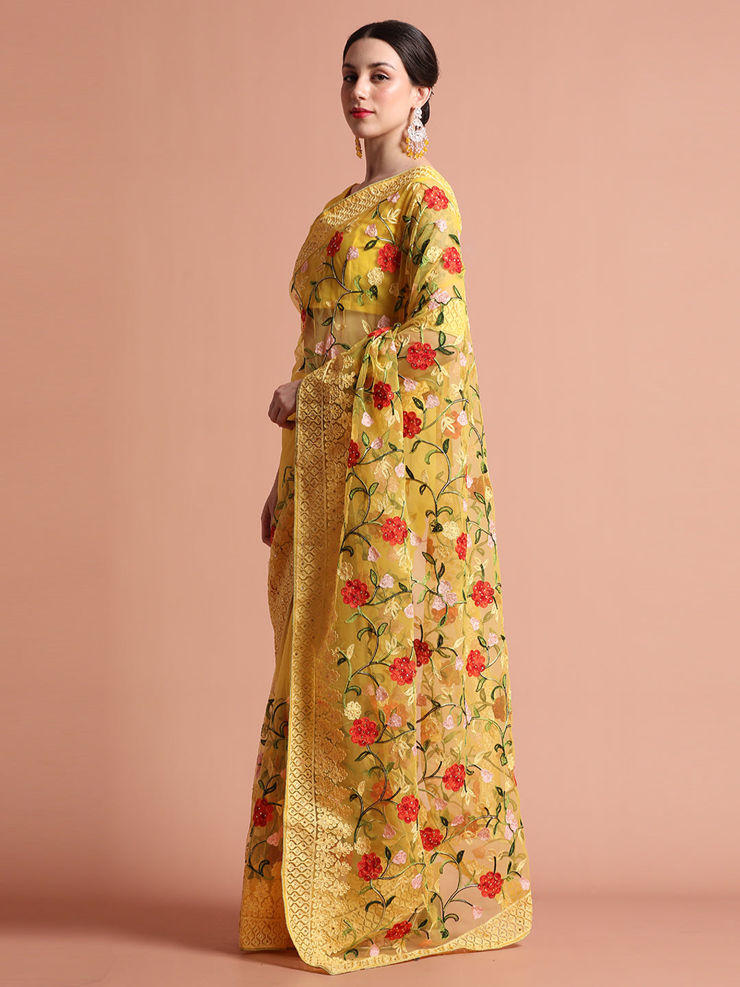 Yellow Heavy Floral Embroidered Net Party Wear Saree