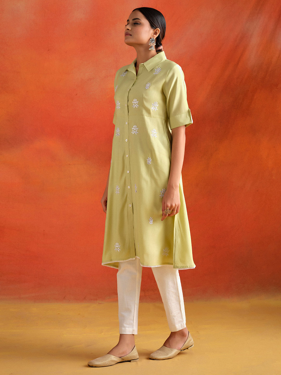 Lime Green Mirror Work Viscose Chanderi A-line Kurta