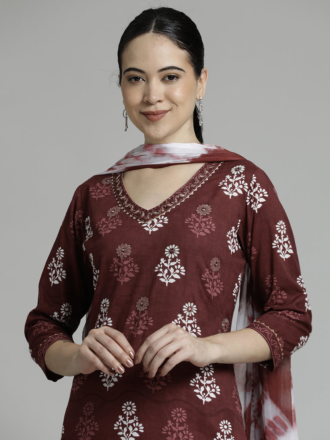 Wine Ethnic Motif Printed Pure Cotton Suit Set