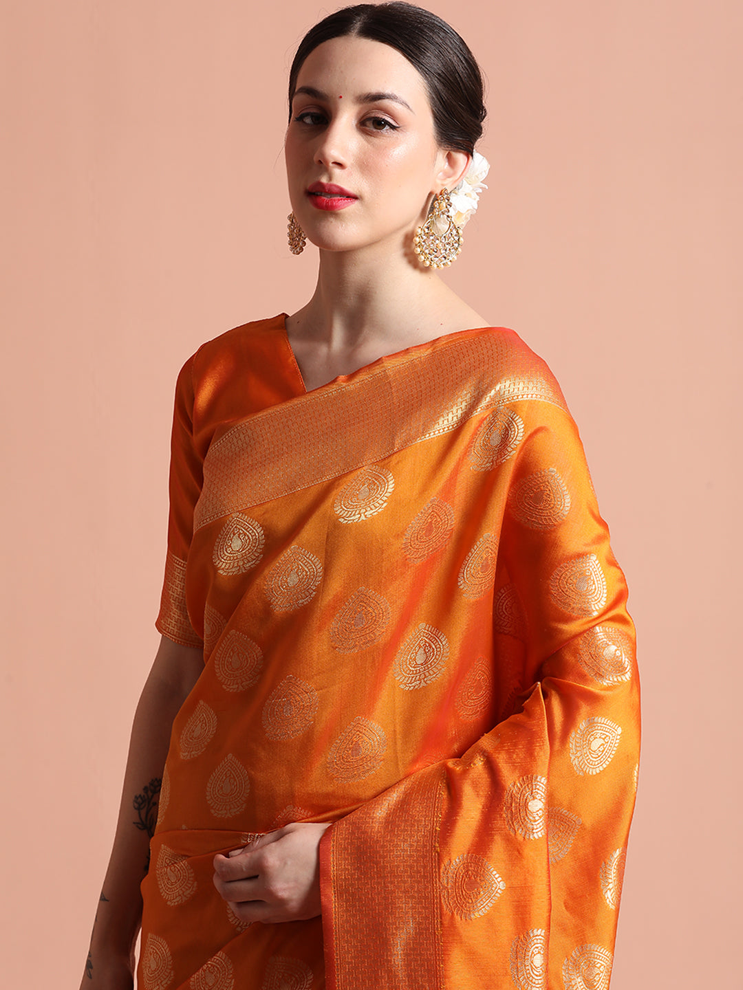 Orange Zari Woven Design Silk Banarasi Saree