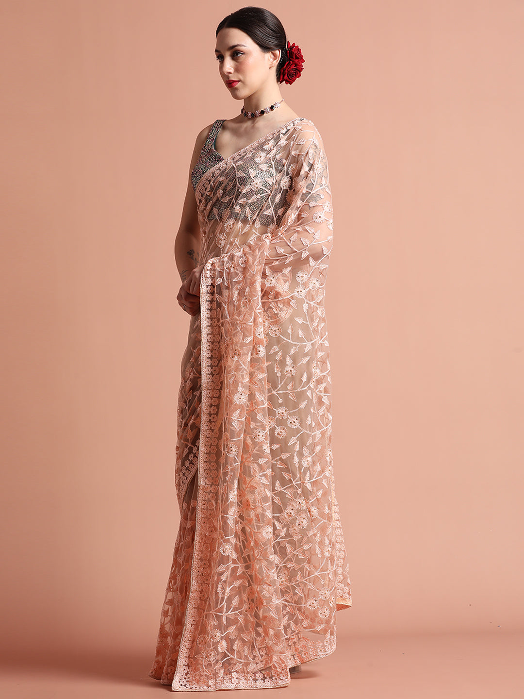 Party Wear Floral Peach Embroidered Net Saree