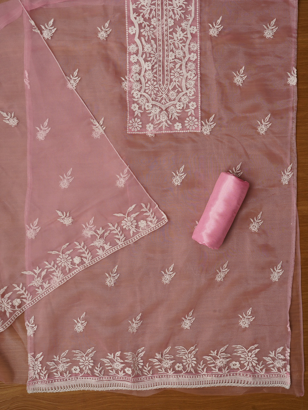 Baby Pink Thread Embroidered Organza Festive Dress Material with Dupatta