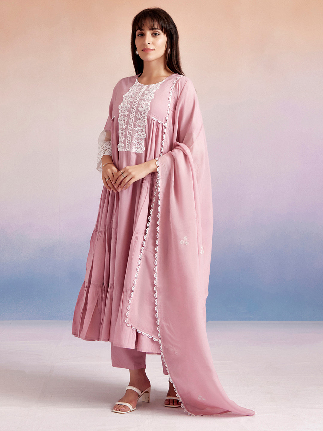 Lavender Embroidered Tiered Festive Kurta Set With Dupatta