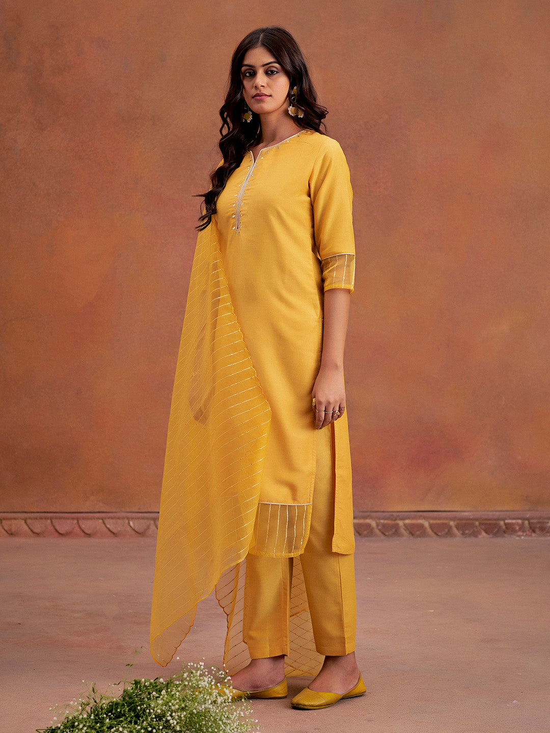 Mustard Festive Embroidered Poly Silk Kurta Set With Dupatta