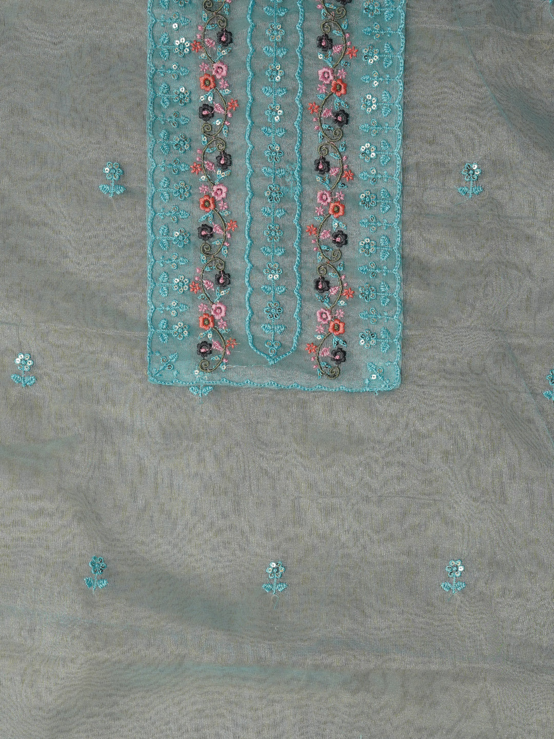 Unstitched Embroidered Sky Blue Organza Dress Material With Dupatta