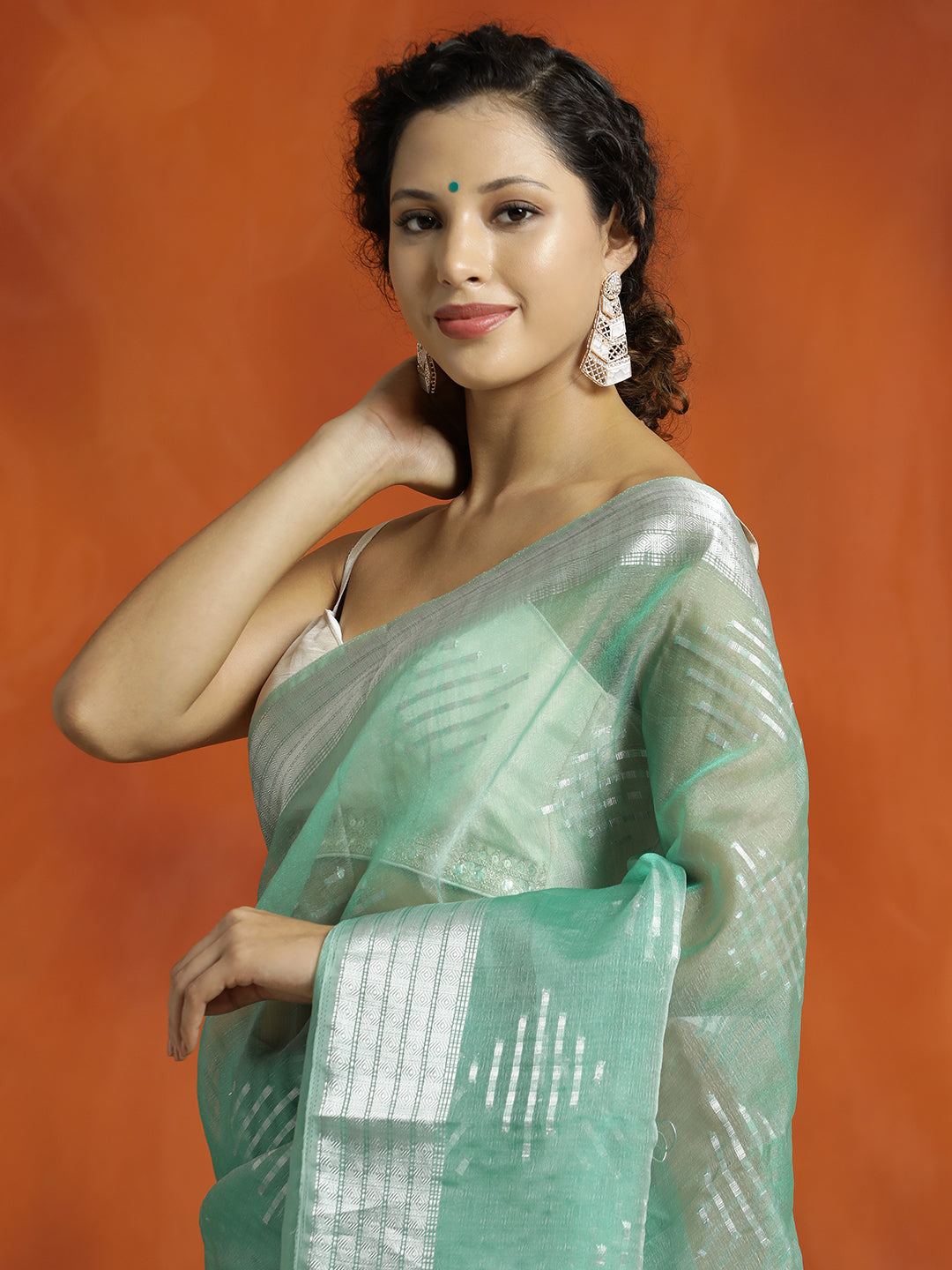 Seagreen Zari Woven Design Banarasi Organza Saree