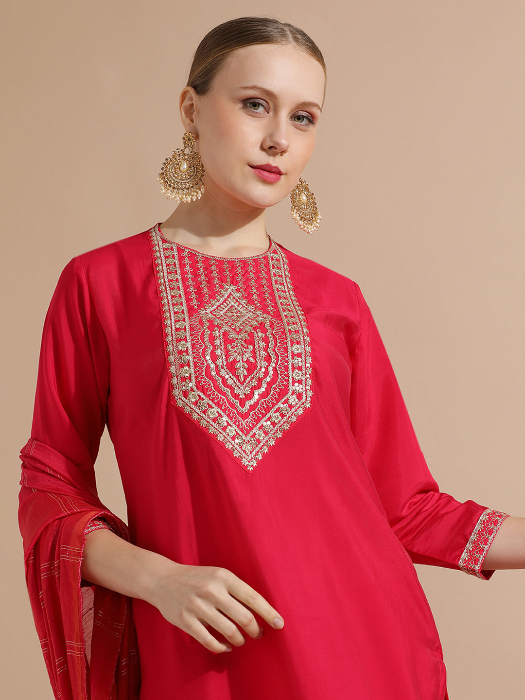 Pink Festive Embroidered Kurta Set With Embellished Dupatta