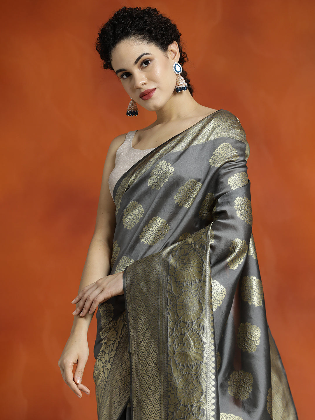 Grey Silk Blend Zari Woven Design Banarasi Saree