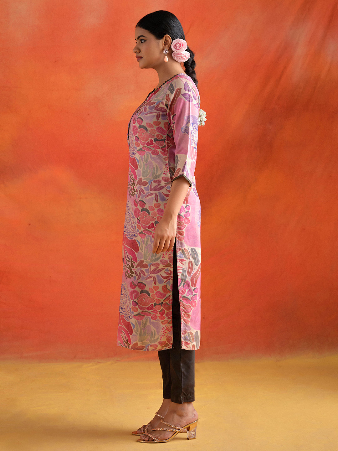 Pink Botanical Printed Embroidered Straight Kurta