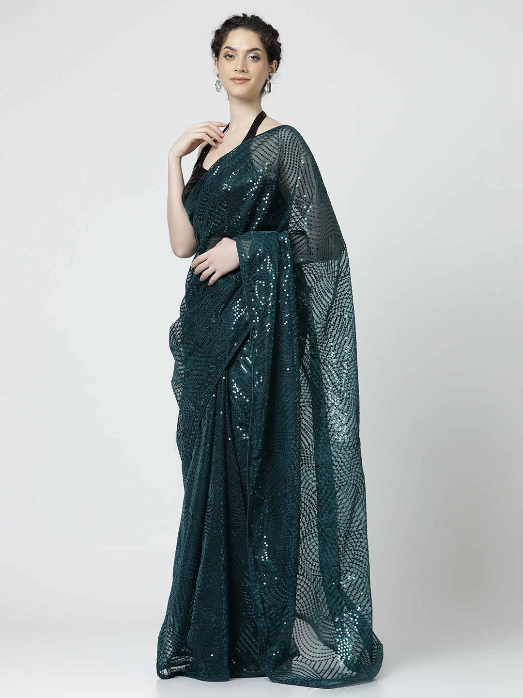 Teal Sequin Embellished Georgette Saree