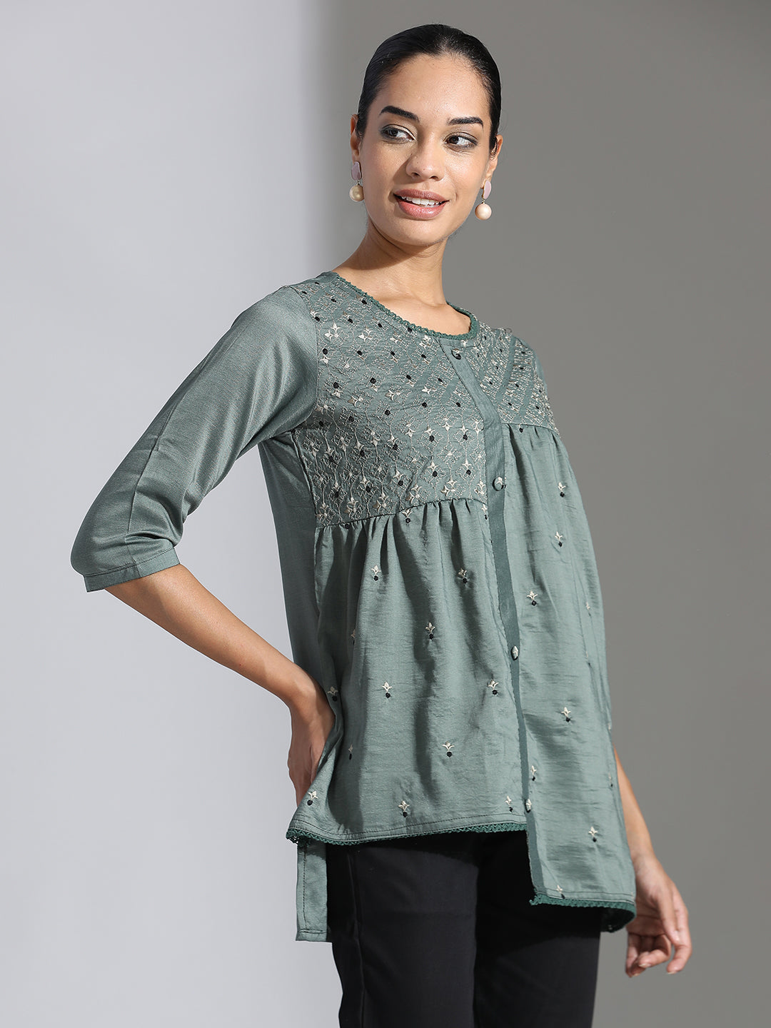 Olive Green Embroidered Party Wear Asymmetrical Top