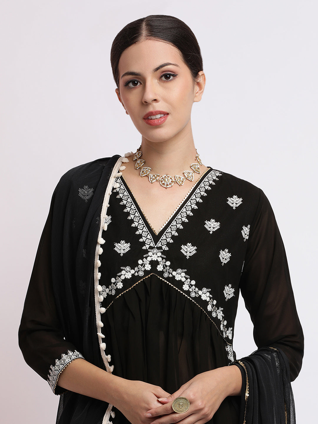 Black Embroidered Georgette Kurta Set With Dupatta