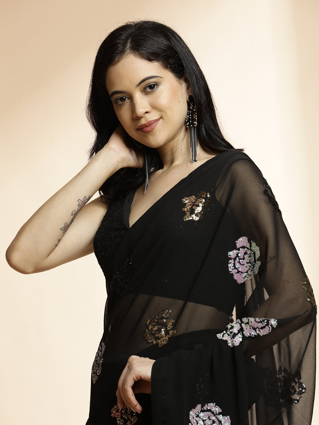 Party Wear Sequin Embellished Black Saree