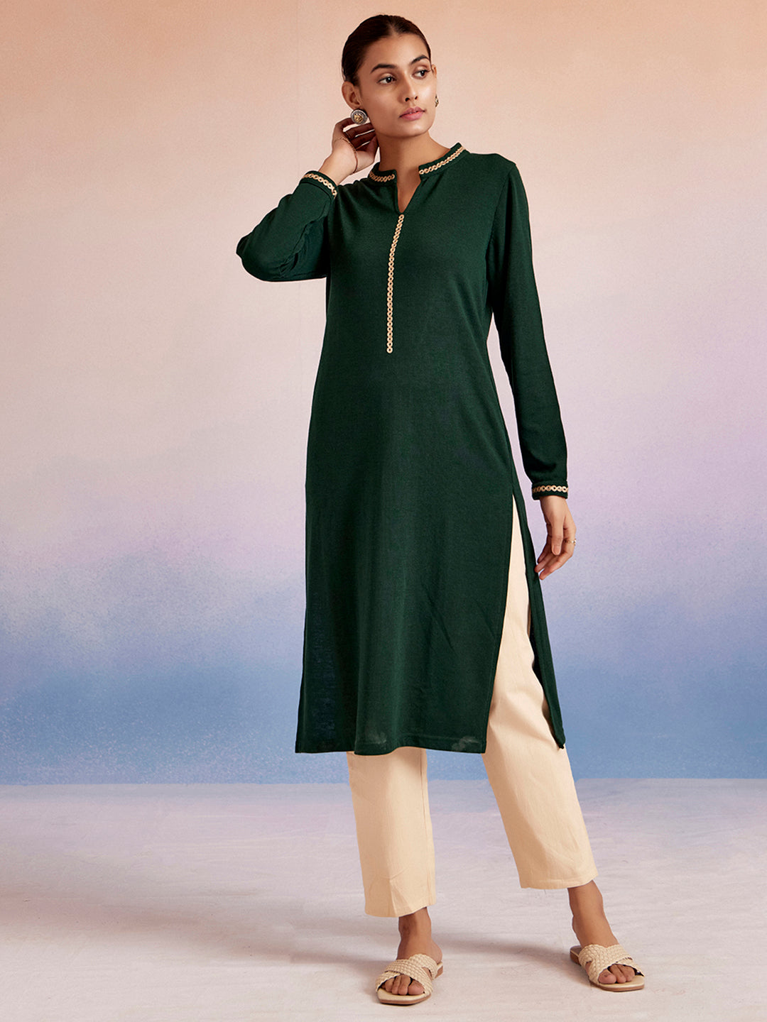 Dark Green Embroidered Straight Woolen Kurta