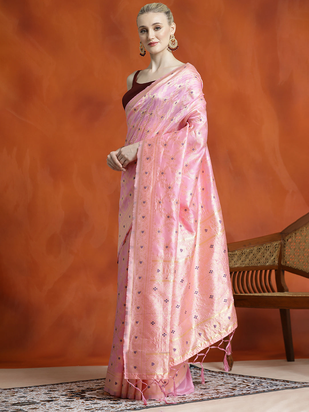 Banarasi Zari Woven Silk Blend Baby Pink Saree