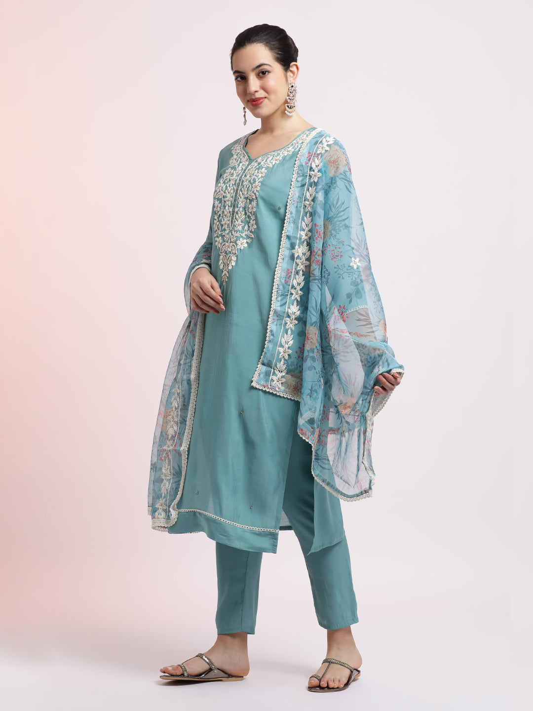 Sea Green Floral Embroidered Festive Kurta Set With Dupatta