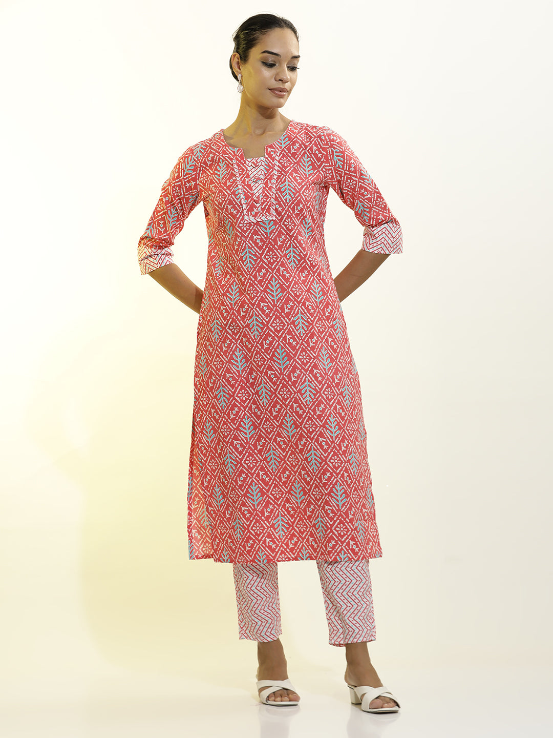 Pink Cotton Printed Straight Kurta Set