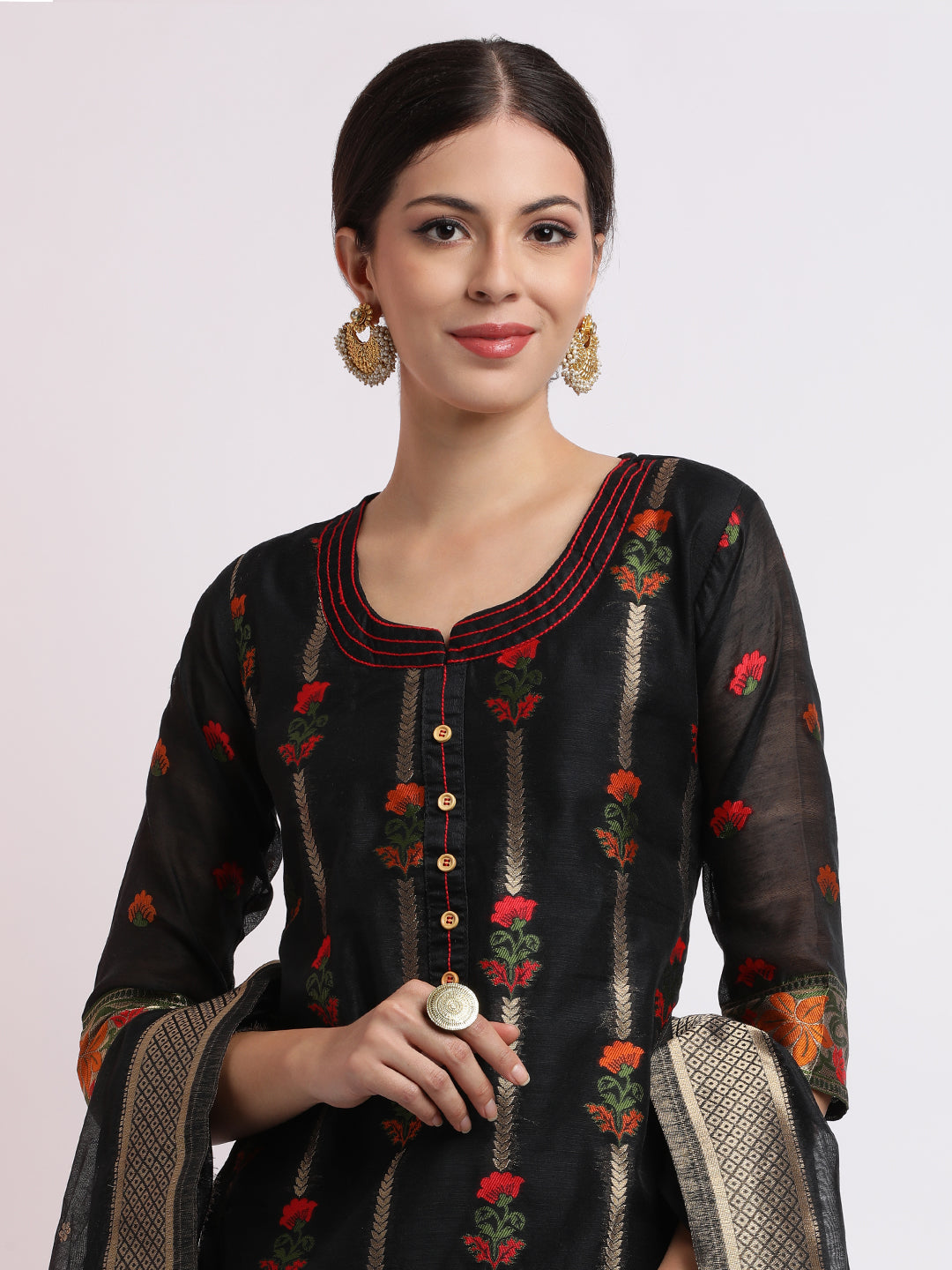 Black Embroidered Jacquard Kurta Set With Dupatta