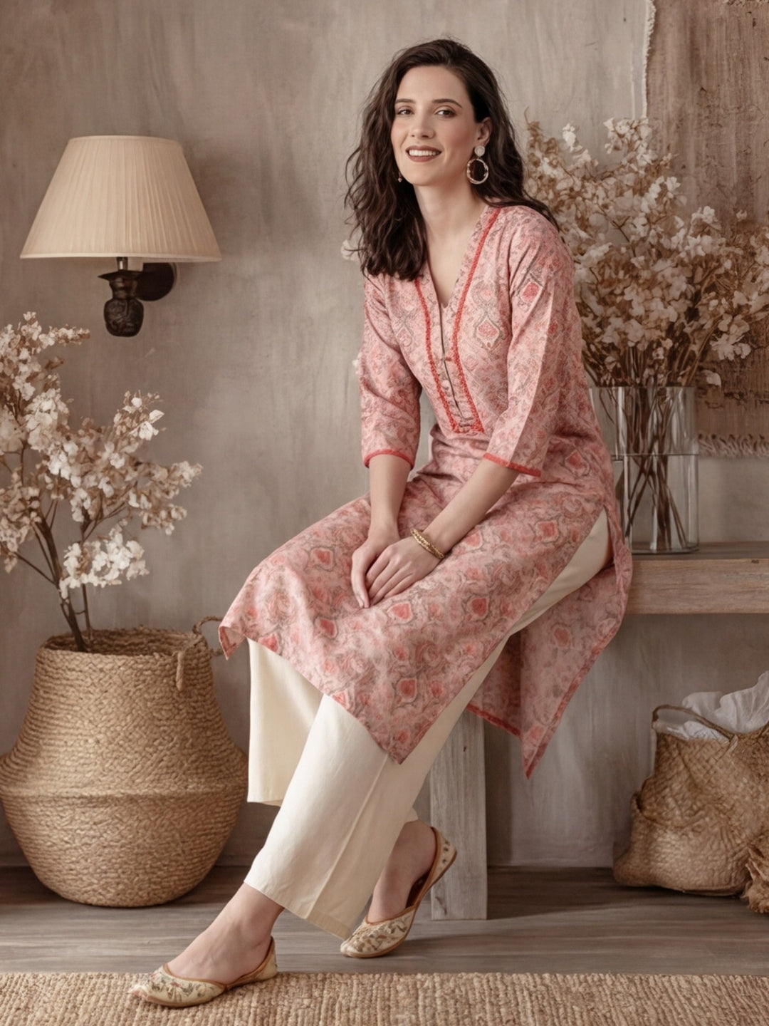 Ethnic Printed Peach Straight Kurta With Lace