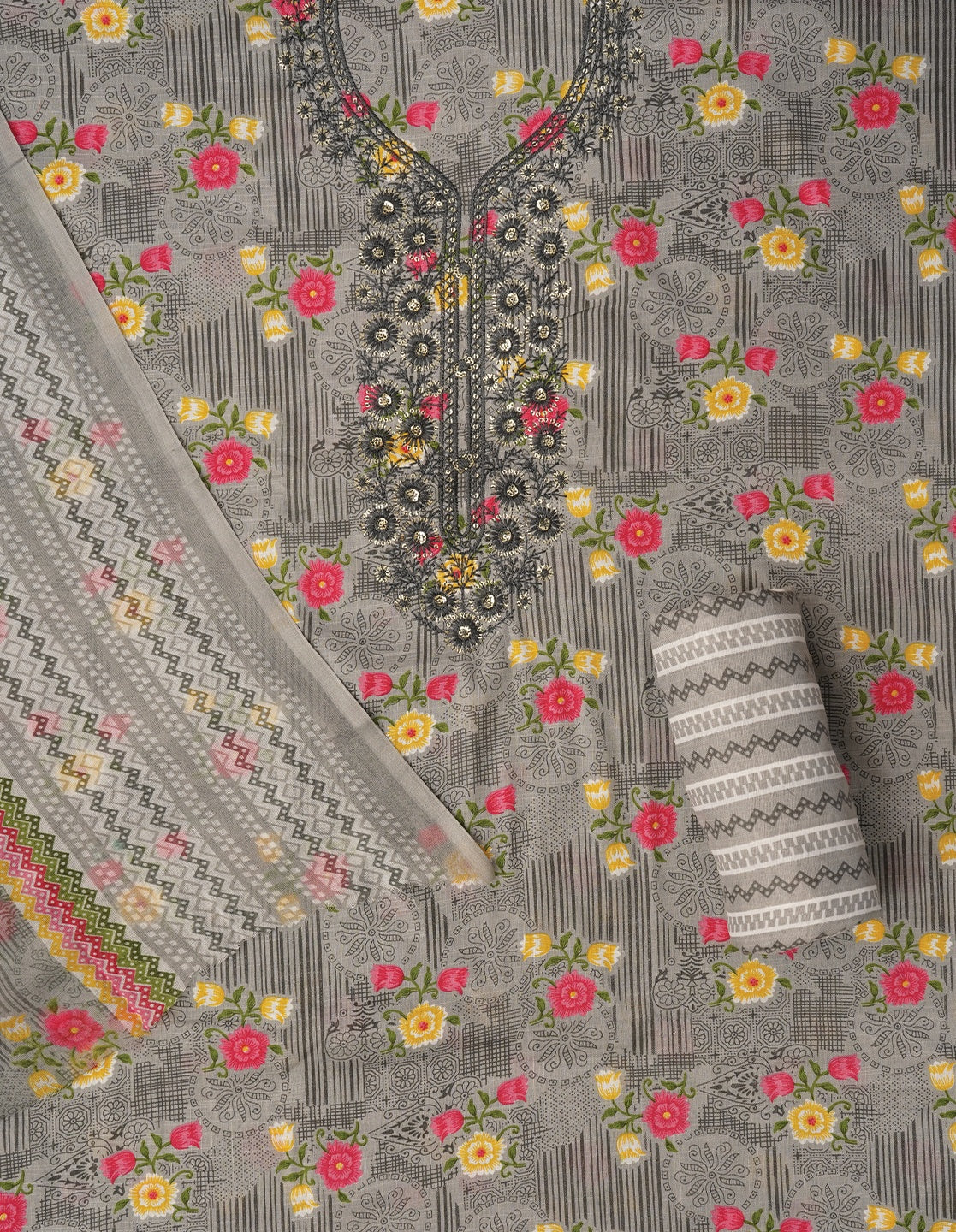 Grey Unstitched Embroidered Cotton Dress Material With Dupatta