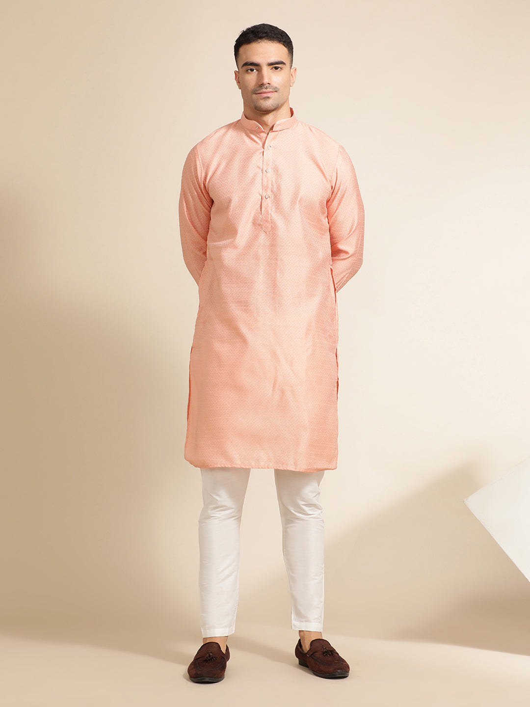 Peach Festive Kurta With Printed Nehru Jacket Set