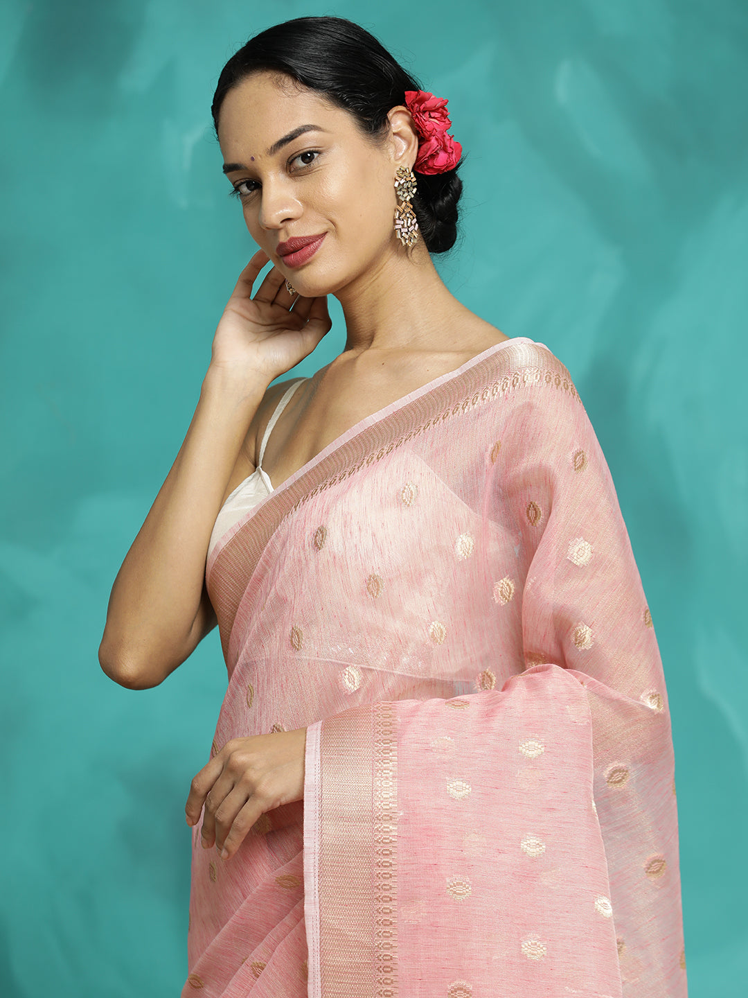 Party Wear Banarasi Organza Pink Saree