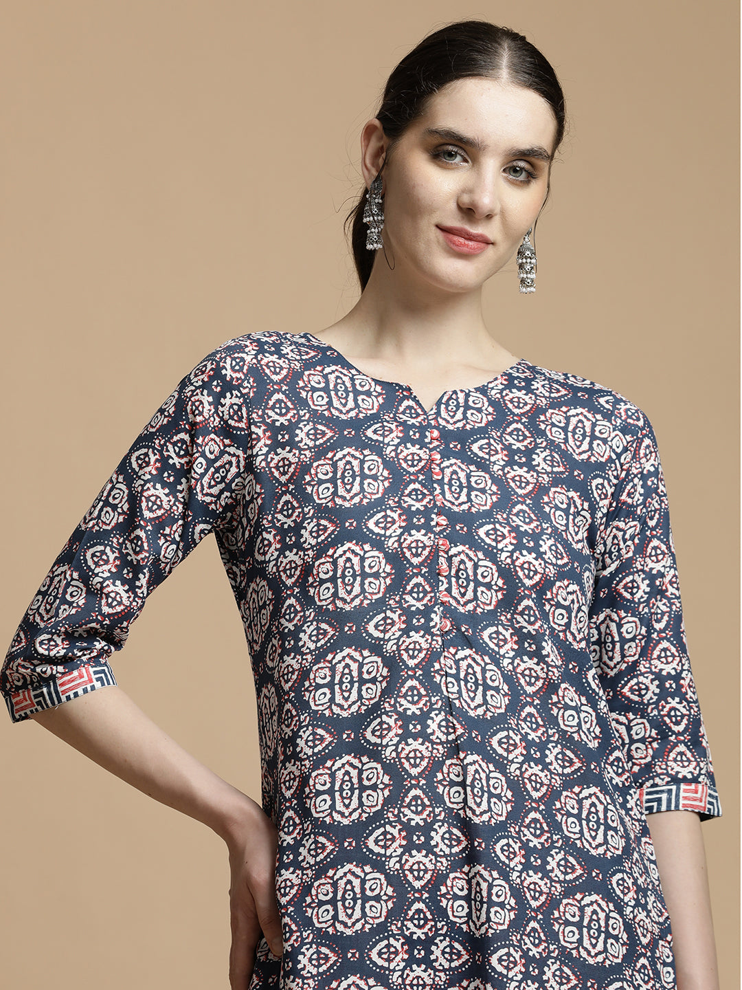 Navy Blue Ethnic Motif Printed Cotton Blend Kurta Set