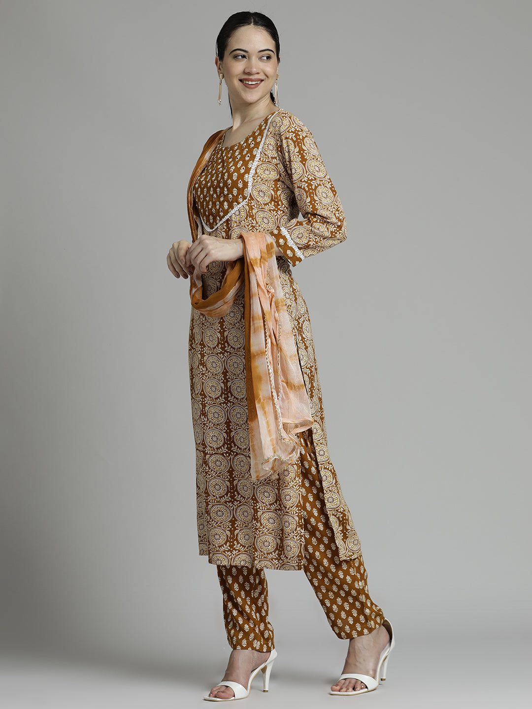 Ethnic Motifs Printed Straight Kurta With Palazzos & Dupatta