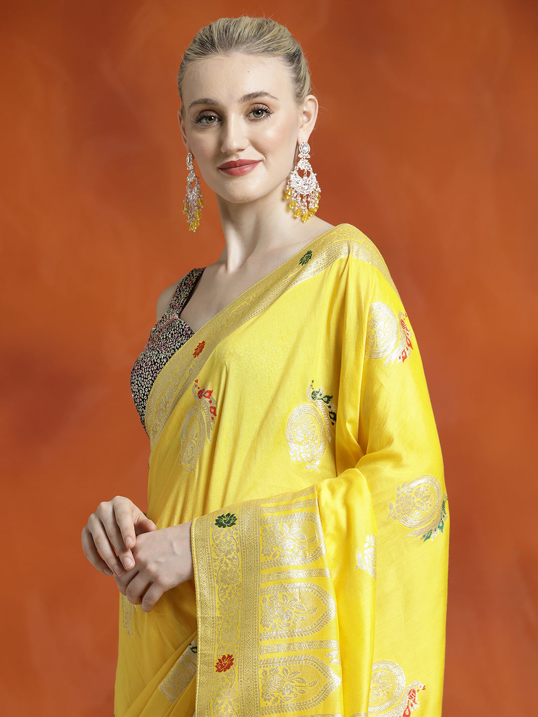 Heavy Banarasi Zari Woven Silk Blend Yellow Saree