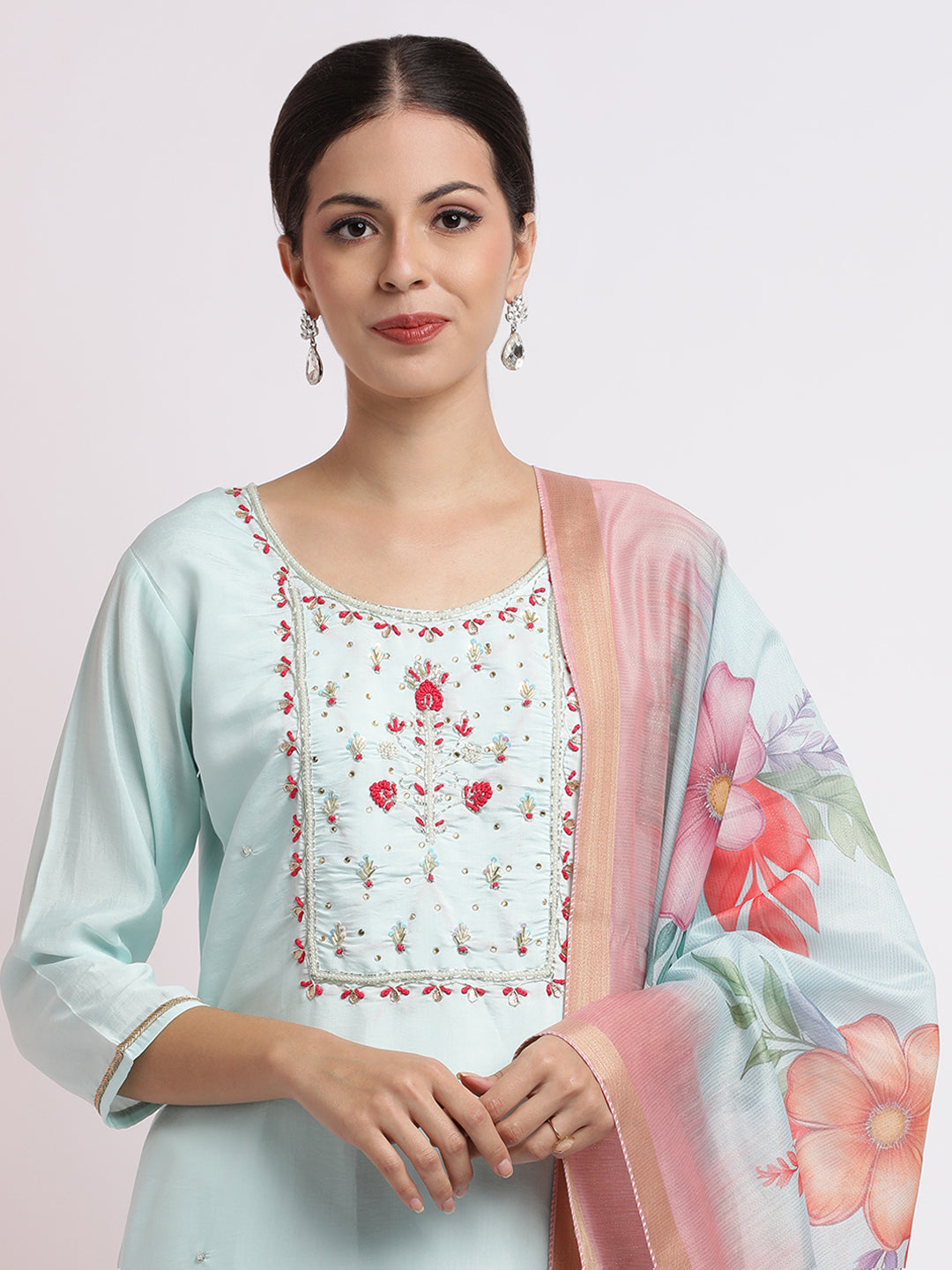 Sea Green Embroidered Cotton Blend Kurta Set With Dupatta