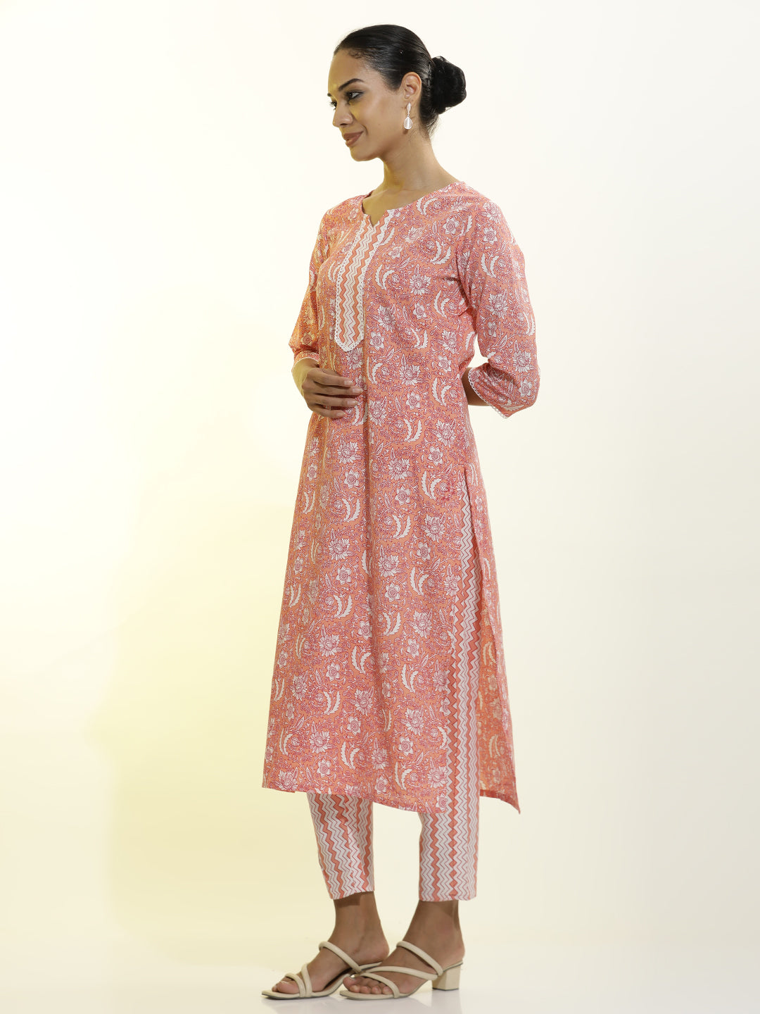 Peach Floral Printed Cotton Blend Kurta Set