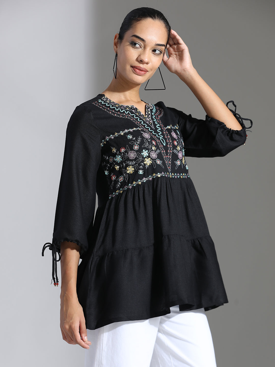 Black Floral Embroidered Rayon Top