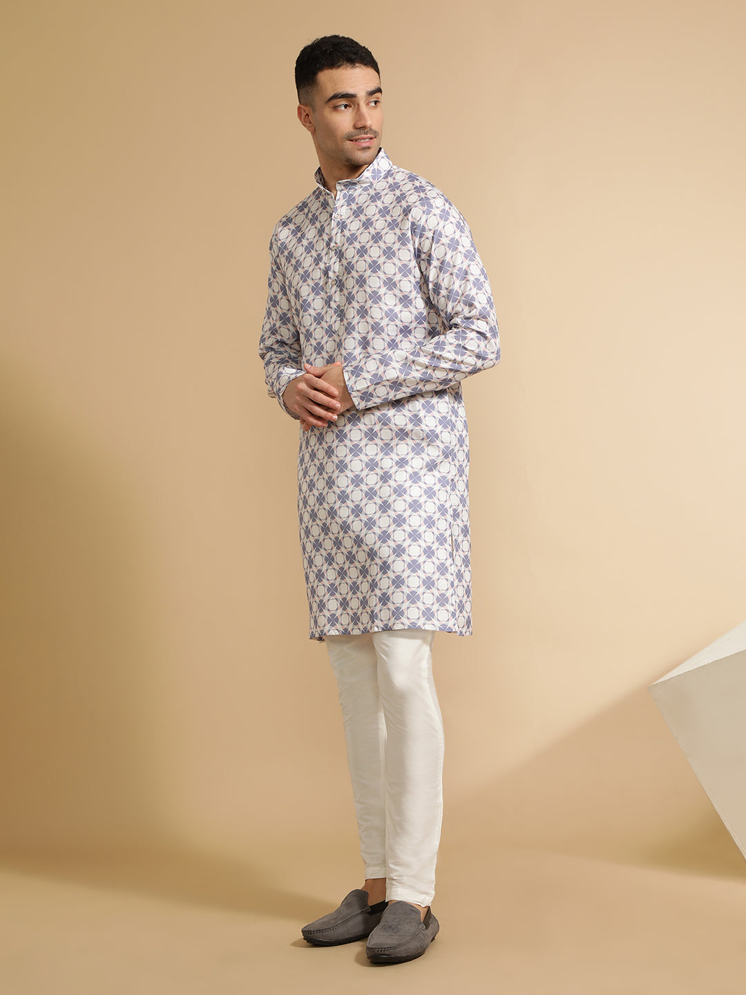 Off White & Blue Floral Printed Cotton Kurta for Men