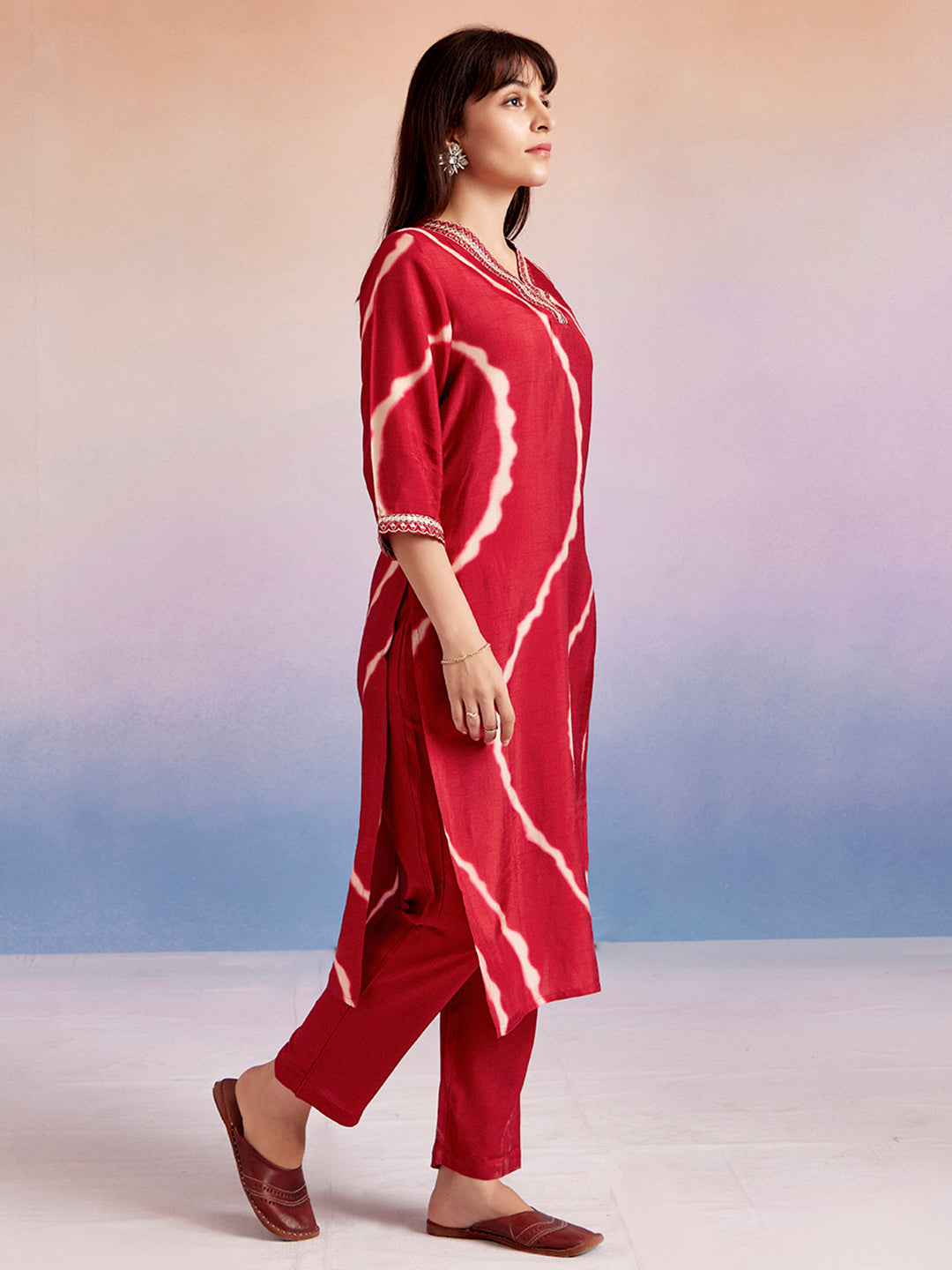 Red Embroidered Leheriya Kurta Set