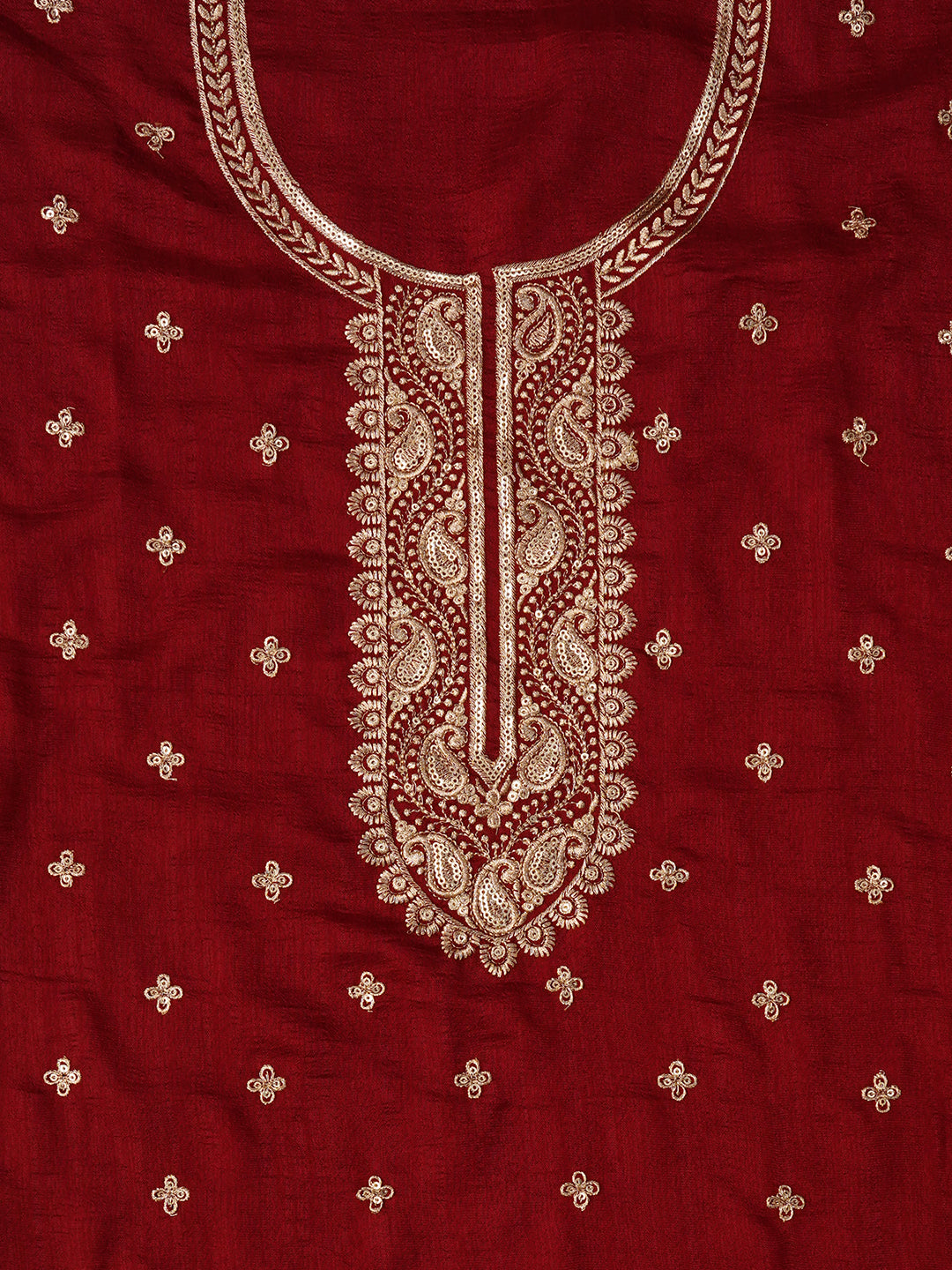 Unstitched Maroon Embroidered Cotton Blend Dress Material With Dupatta