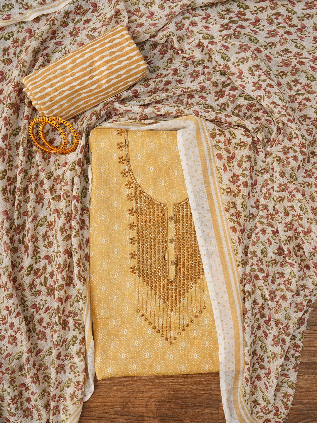 Yellow Embroidered Cotton Blend Dress Material with Dupatta