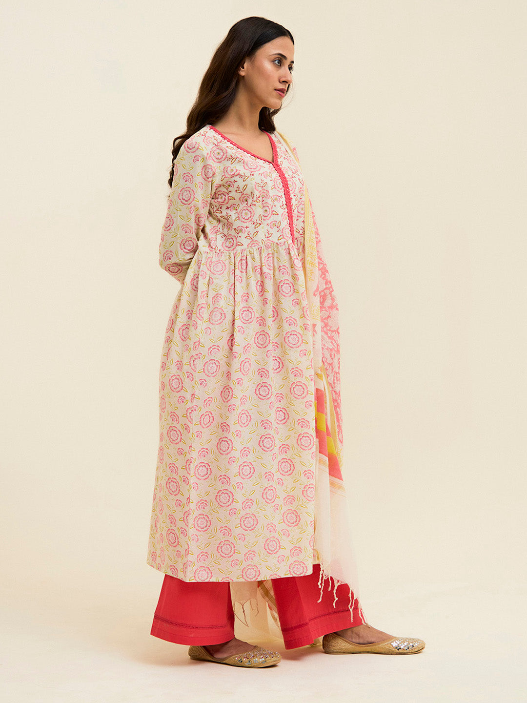 Coral Cotton Handblock Printed Kurta With Palazzo And Dupatta