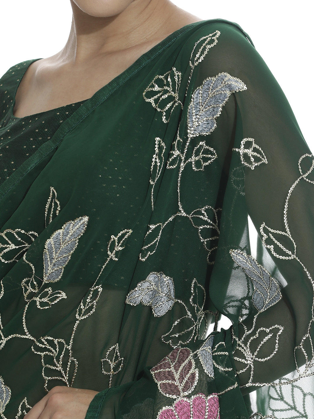 Green Floral Sequin Work Pure Georgette Saree