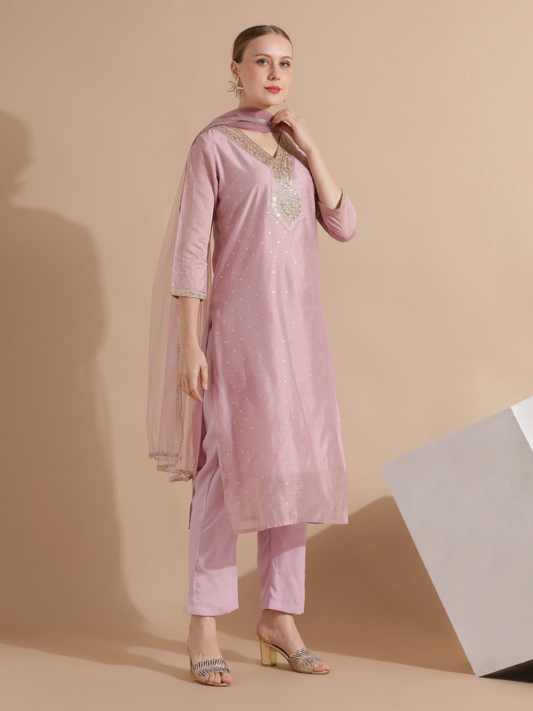 Pink Chanderi Woven Design Festive Kurta Set With Dupatta