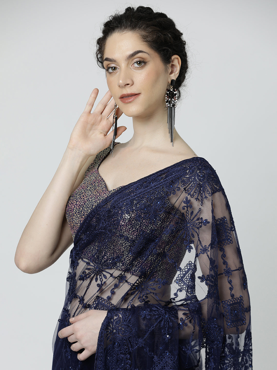 Navy Blue Embroidered Net Black Party Wear Saree