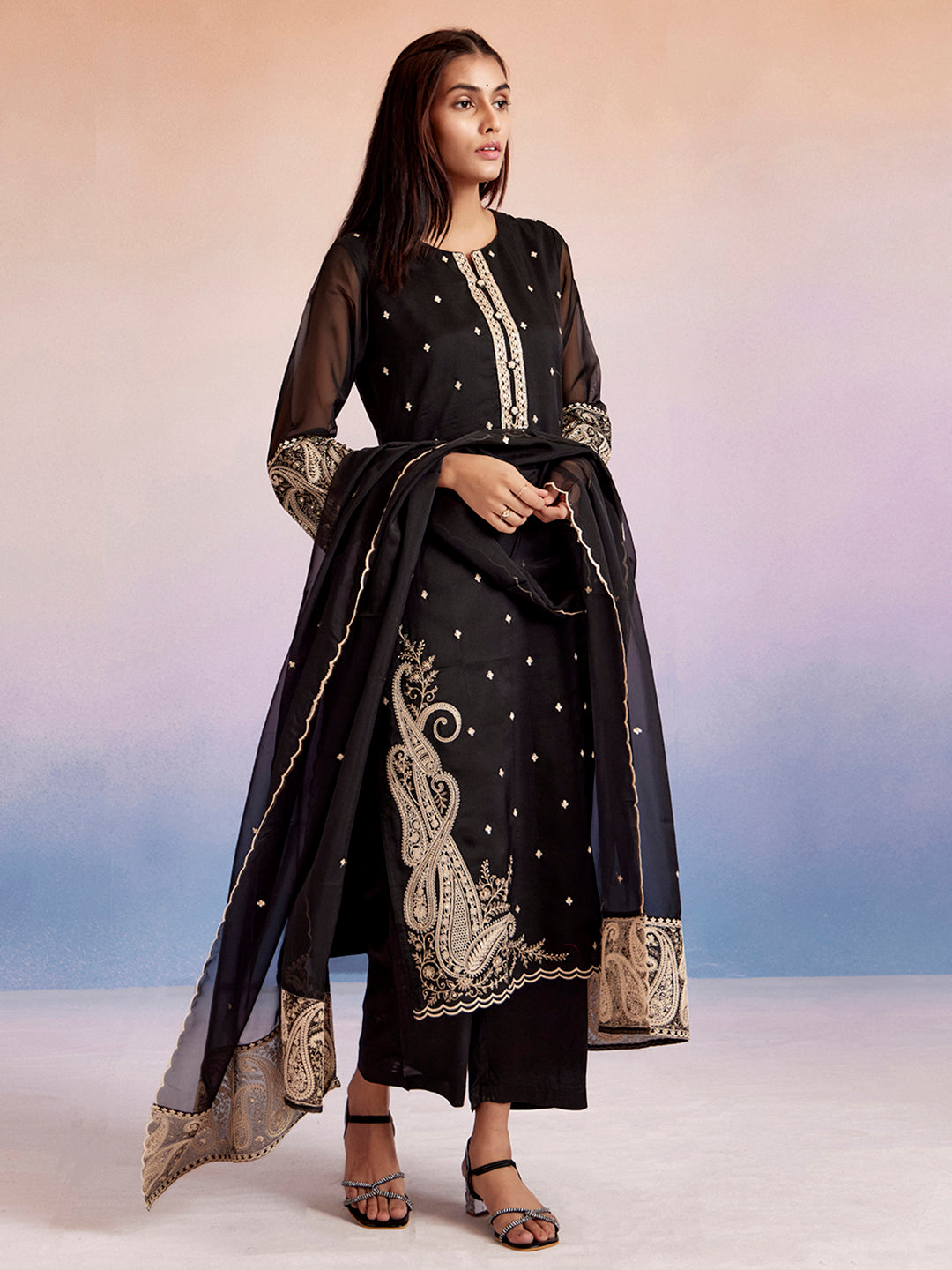 Black Paisley Embroidered Festive Suit Set