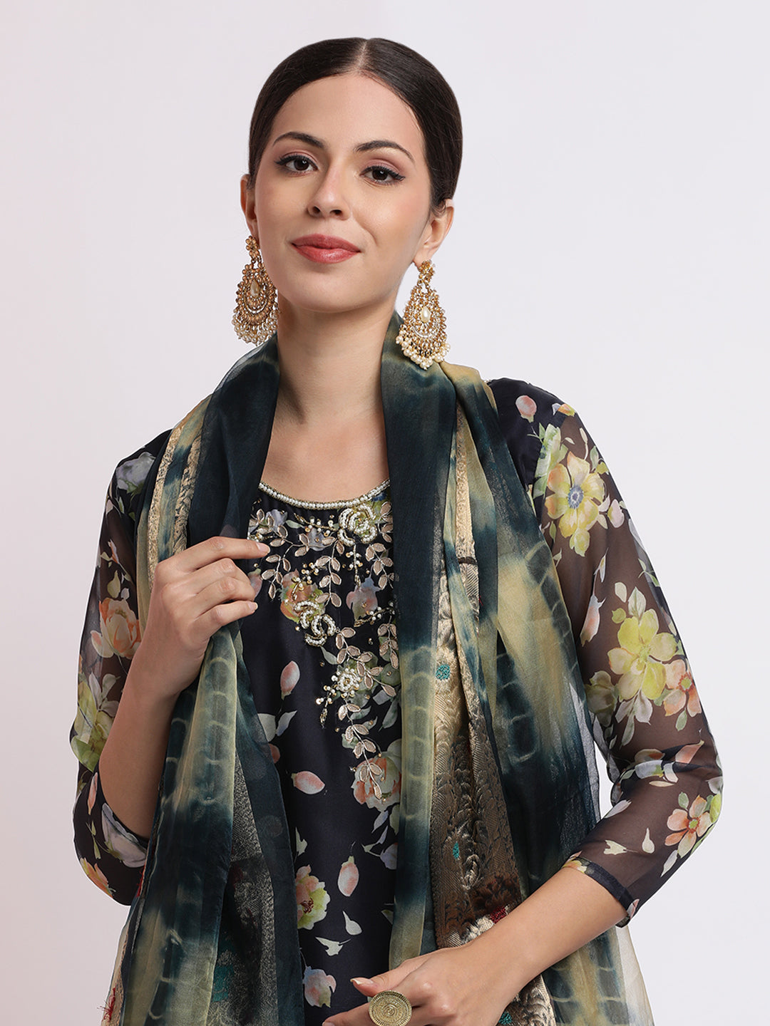 Festive Embroidered Floral Organza Kurta Set With Dupatta