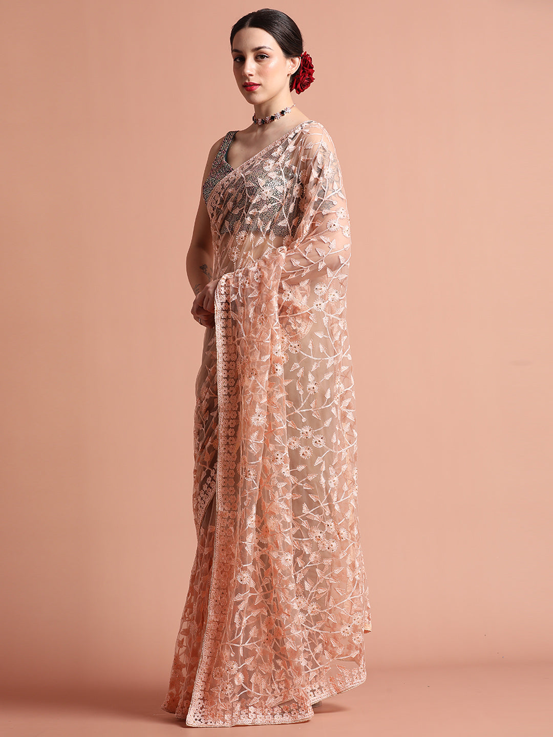 Party Wear Floral Pink Embroidered Net Saree