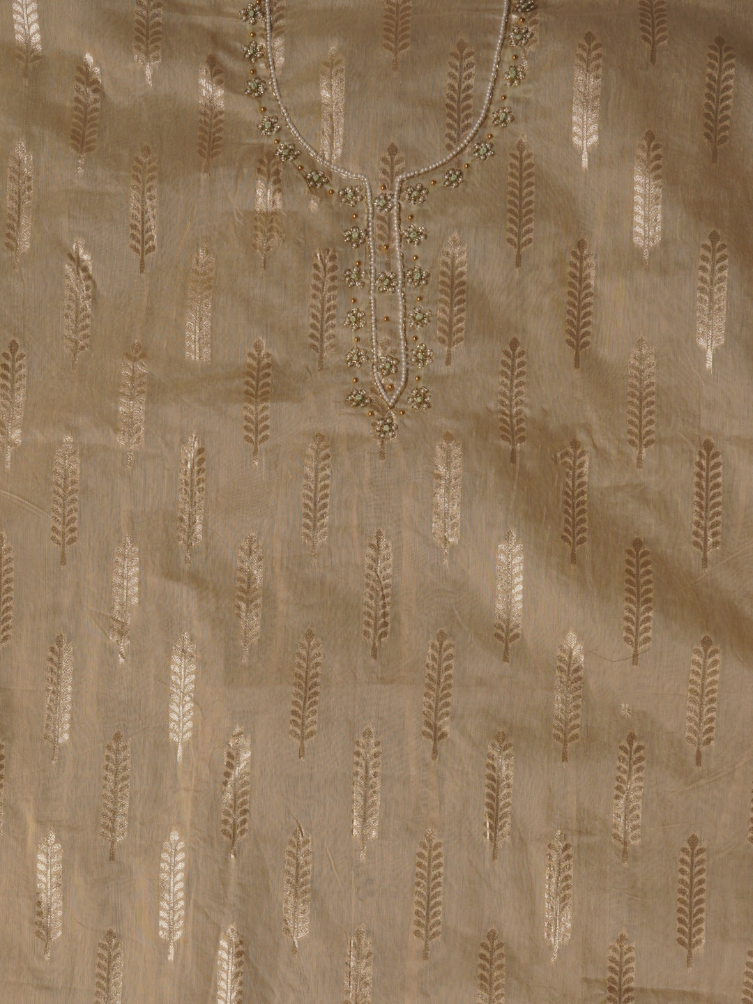 Beige Unstitched Zari Silk Blend Dress Material With Dupatta