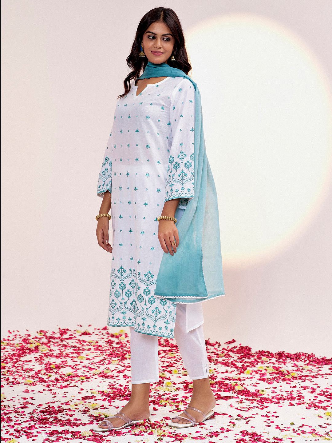 White & Green Threadwork Embroidered Cotton Kurta Set With Dupatta