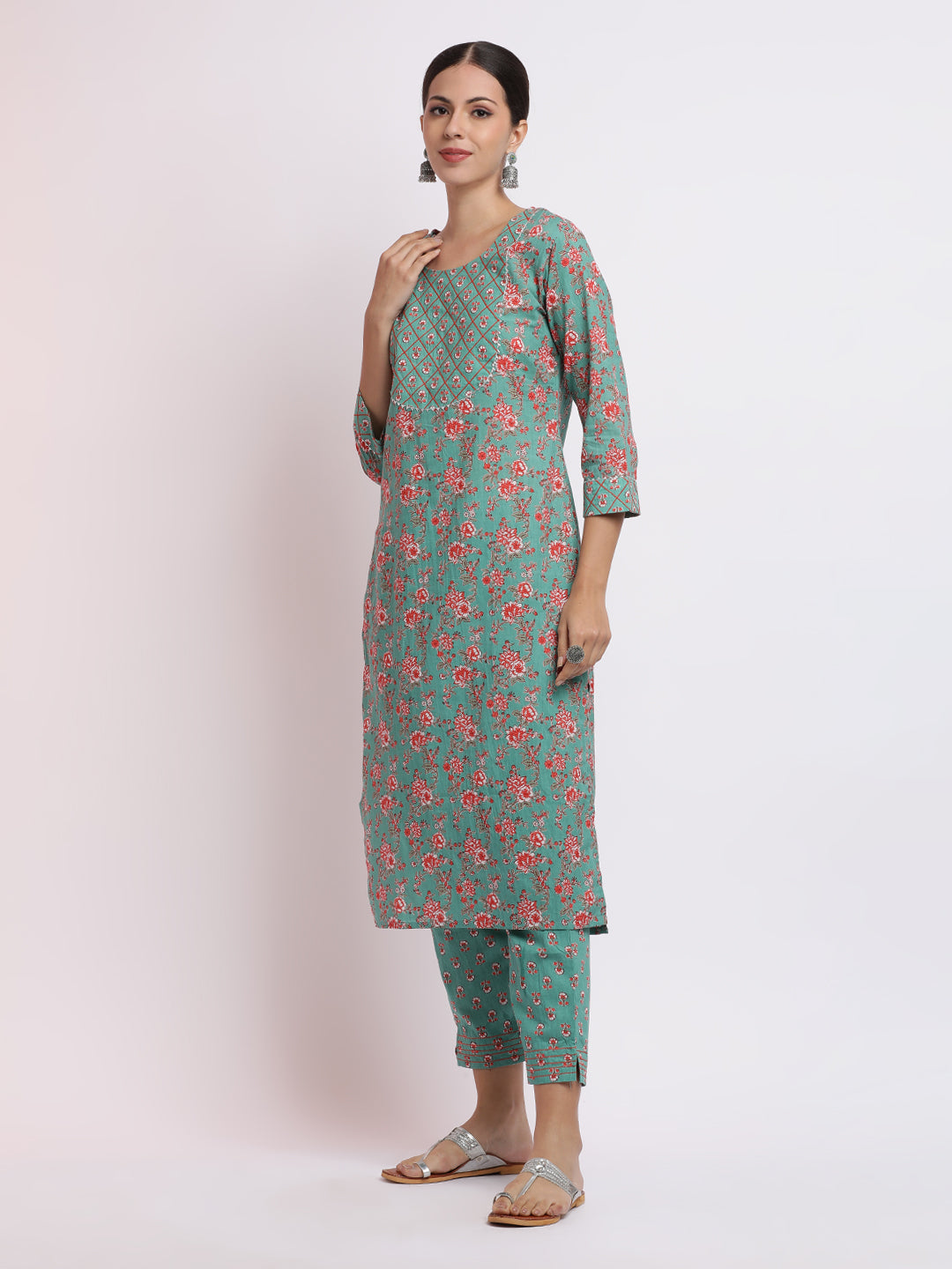 Turquoise Blue Floral Printed Pure Cotton Kurta Set