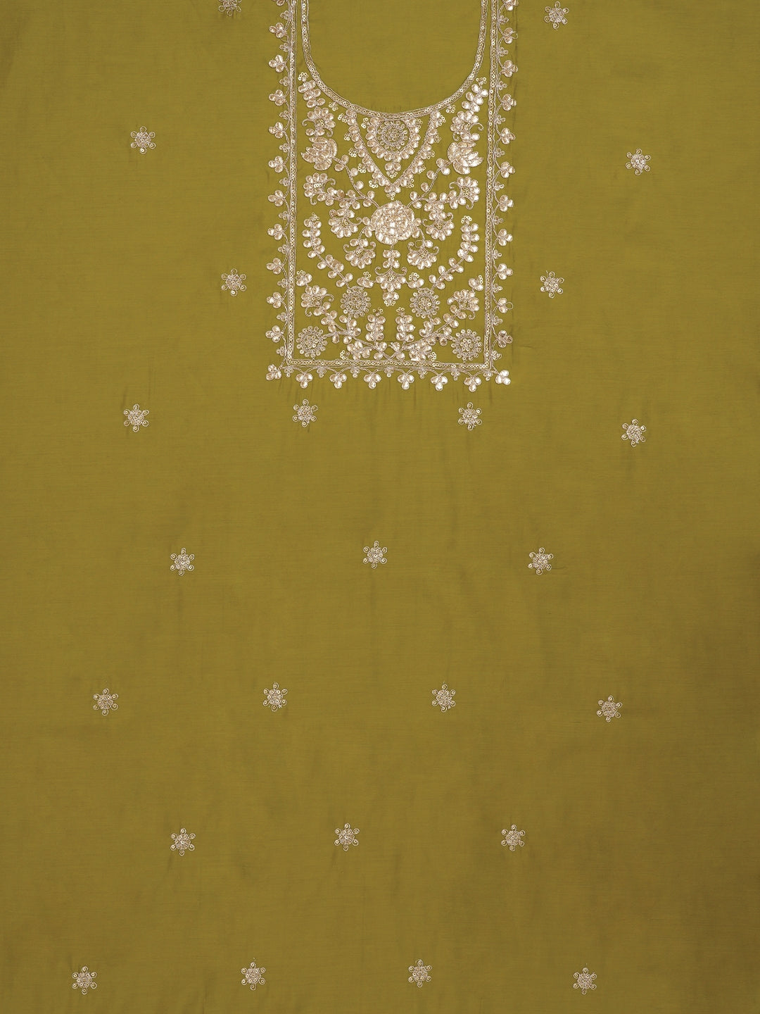 Lime Floral Printed Embroidered Pure Silk Dress Material with Dupatta