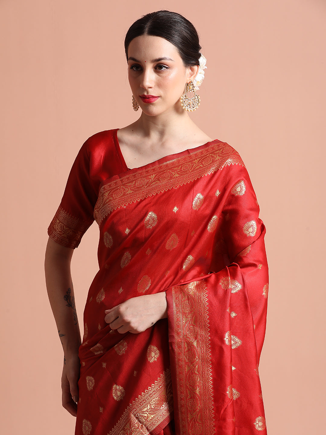 Red Heavy Banarasi Zari Woven Silk Blend Saree